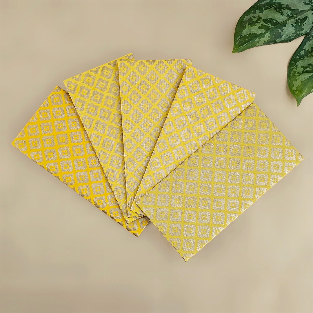 Set Of 5 "Mughal Boota" Screen Printed Handmade Paper Gift Envelopes With Flap Closure For Festive Gifting