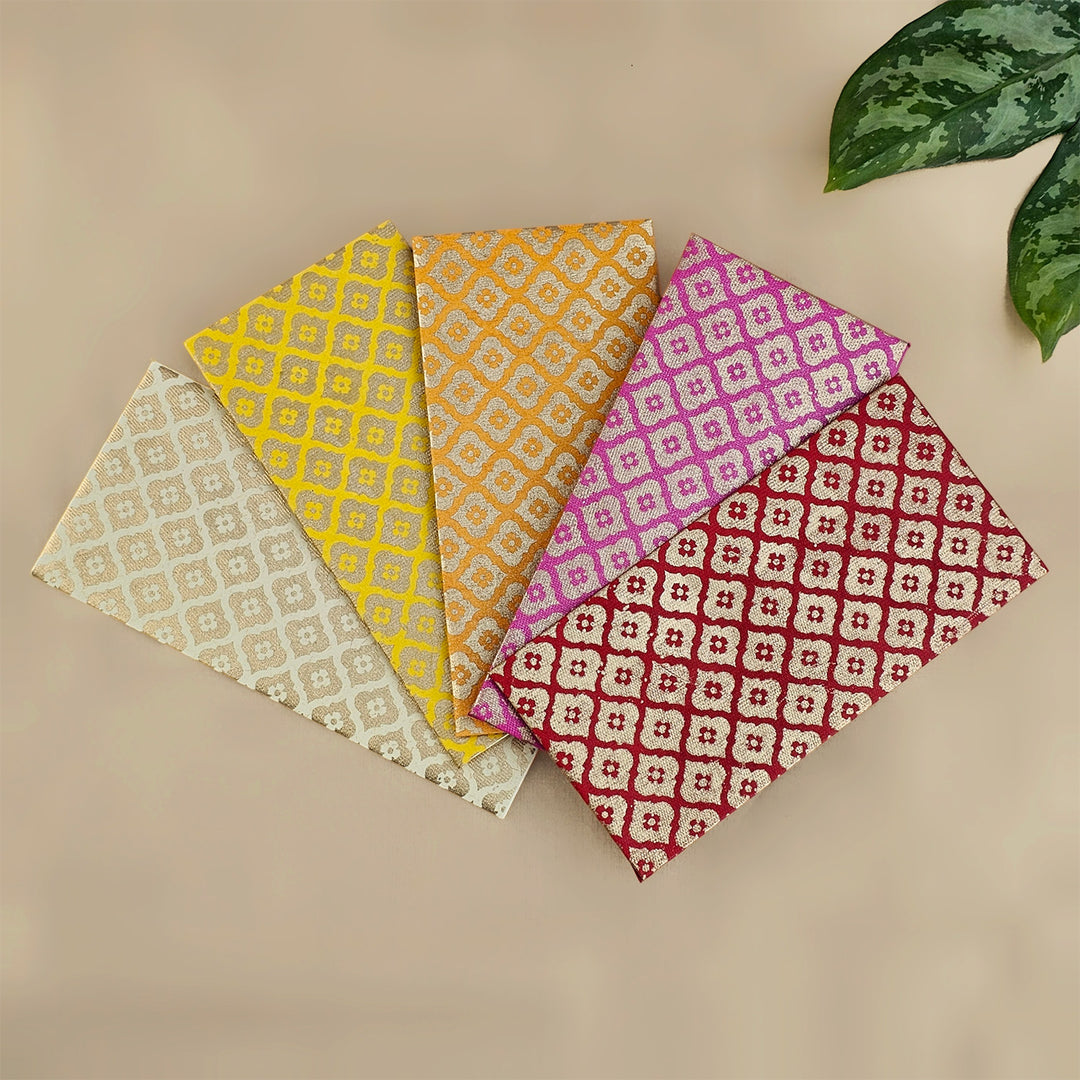 Set Of 5 "Mughal Boota" Screen Printed Handmade Paper Gift Envelopes With Flap Closure For Festive Gifting