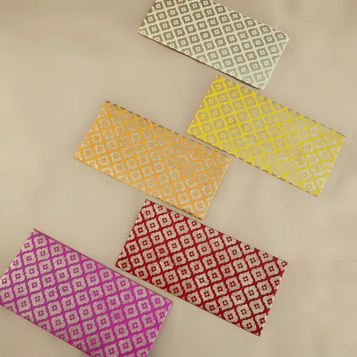 Set Of 5 "Mughal Boota" Screen Printed Handmade Paper Gift Envelopes With Flap Closure For Festive Gifting