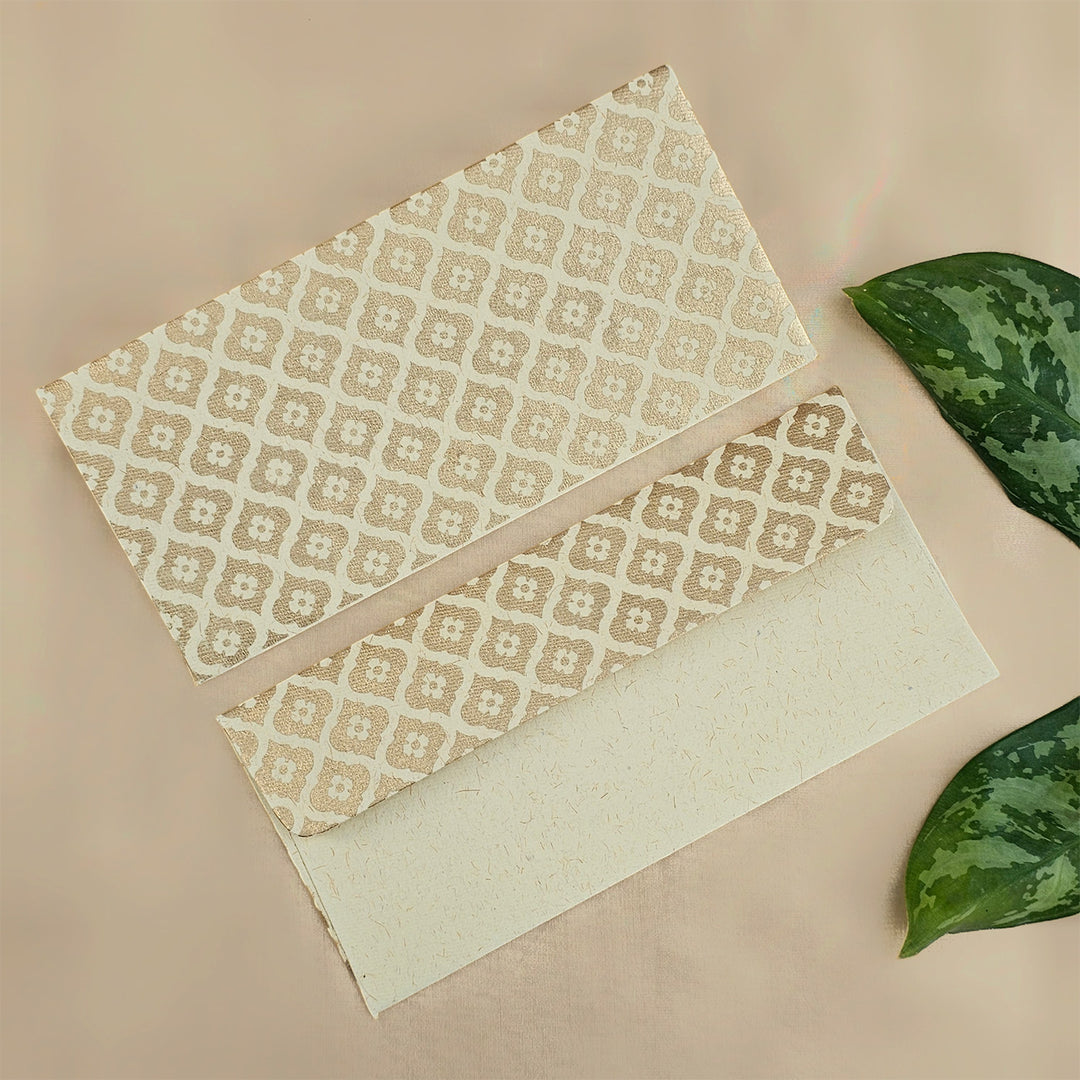Set Of 5 "Mughal Boota" Screen Printed Handmade Paper Gift Envelopes With Flap Closure For Festive Gifting