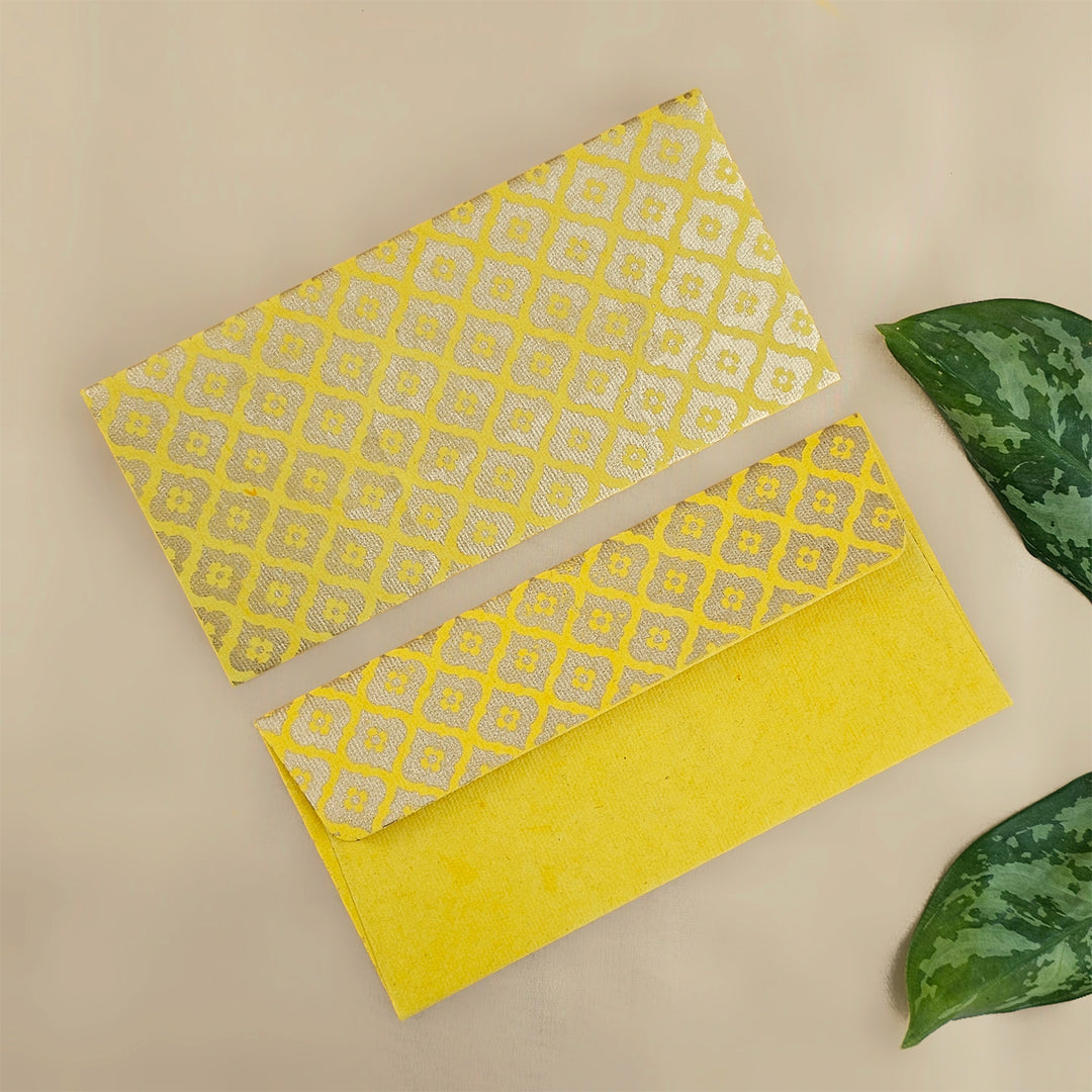 Set Of 5 "Mughal Boota" Screen Printed Handmade Paper Gift Envelopes With Flap Closure For Festive Gifting
