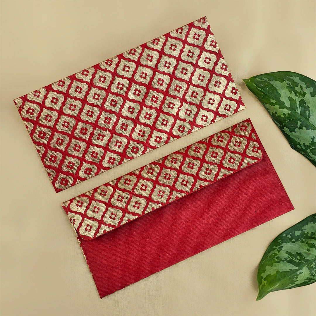 Set Of 5 "Mughal Boota" Screen Printed Handmade Paper Gift Envelopes With Flap Closure For Festive Gifting