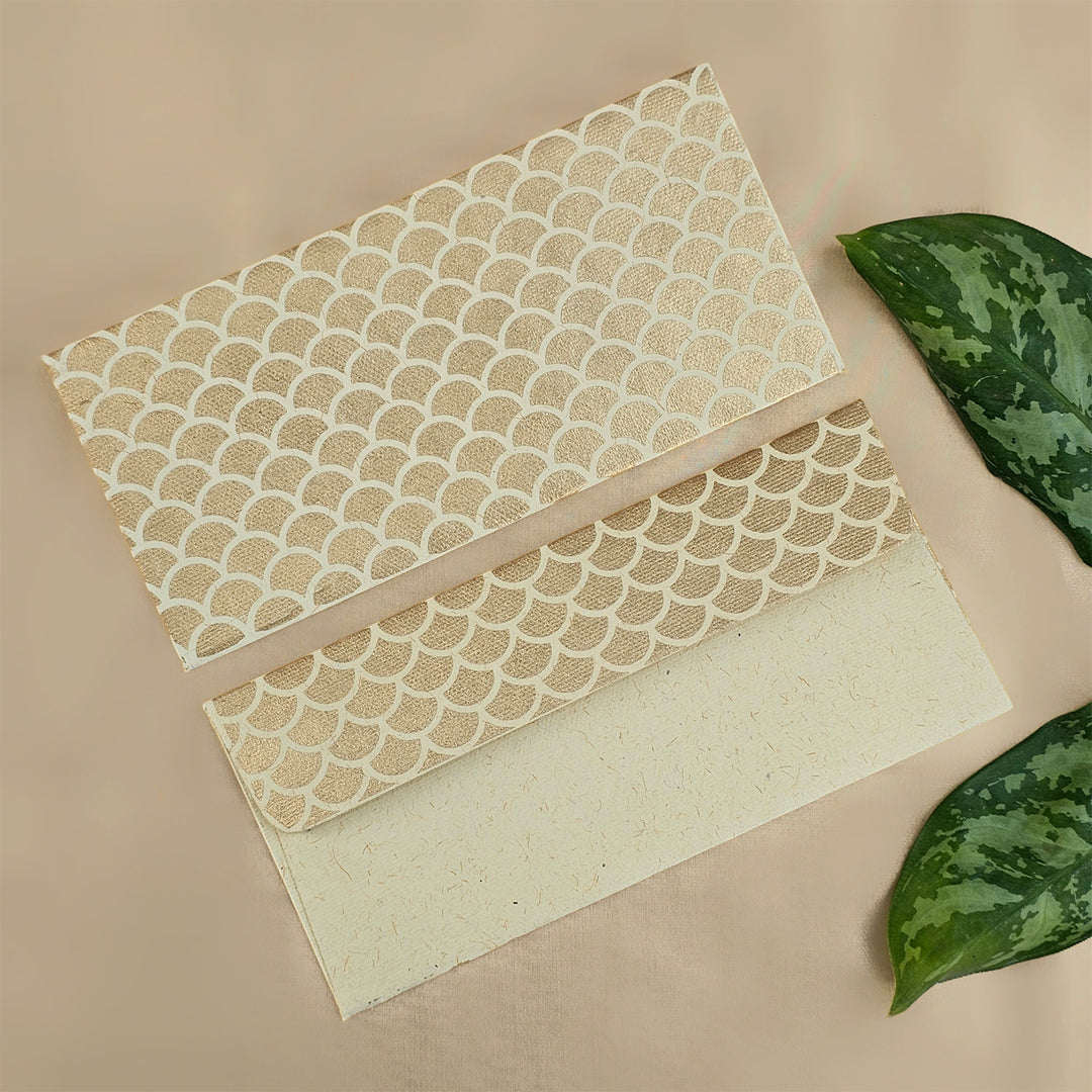 Set Of 5 "Fish Scale" Screen Printed Handmade Paper Gift Envelopes With Flap Closure For Festive Gifting