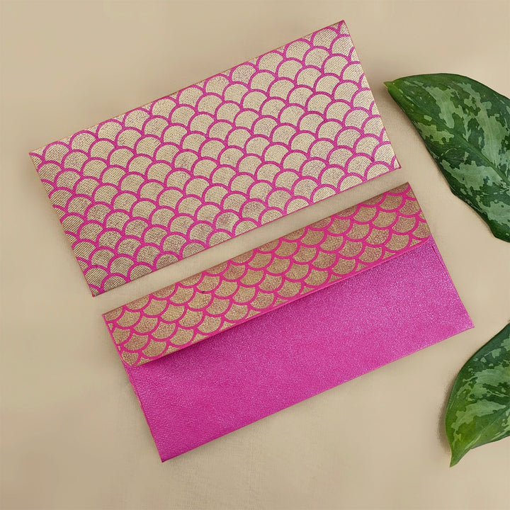Set Of 5 "Fish Scale" Screen Printed Handmade Paper Gift Envelopes With Flap Closure For Festive Gifting