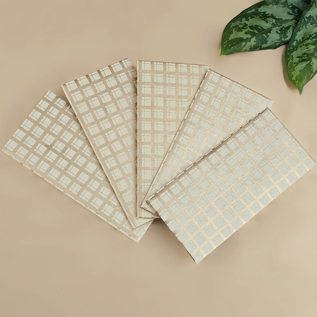 Set Of 5 "Checks" Screen Printed Handmade Paper Gift Envelopes With Flap Closure For Festive Gifting