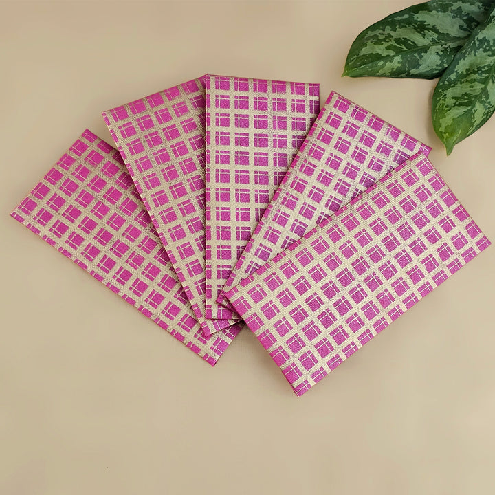 Set Of 5 "Checks" Screen Printed Handmade Paper Gift Envelopes With Flap Closure For Festive Gifting