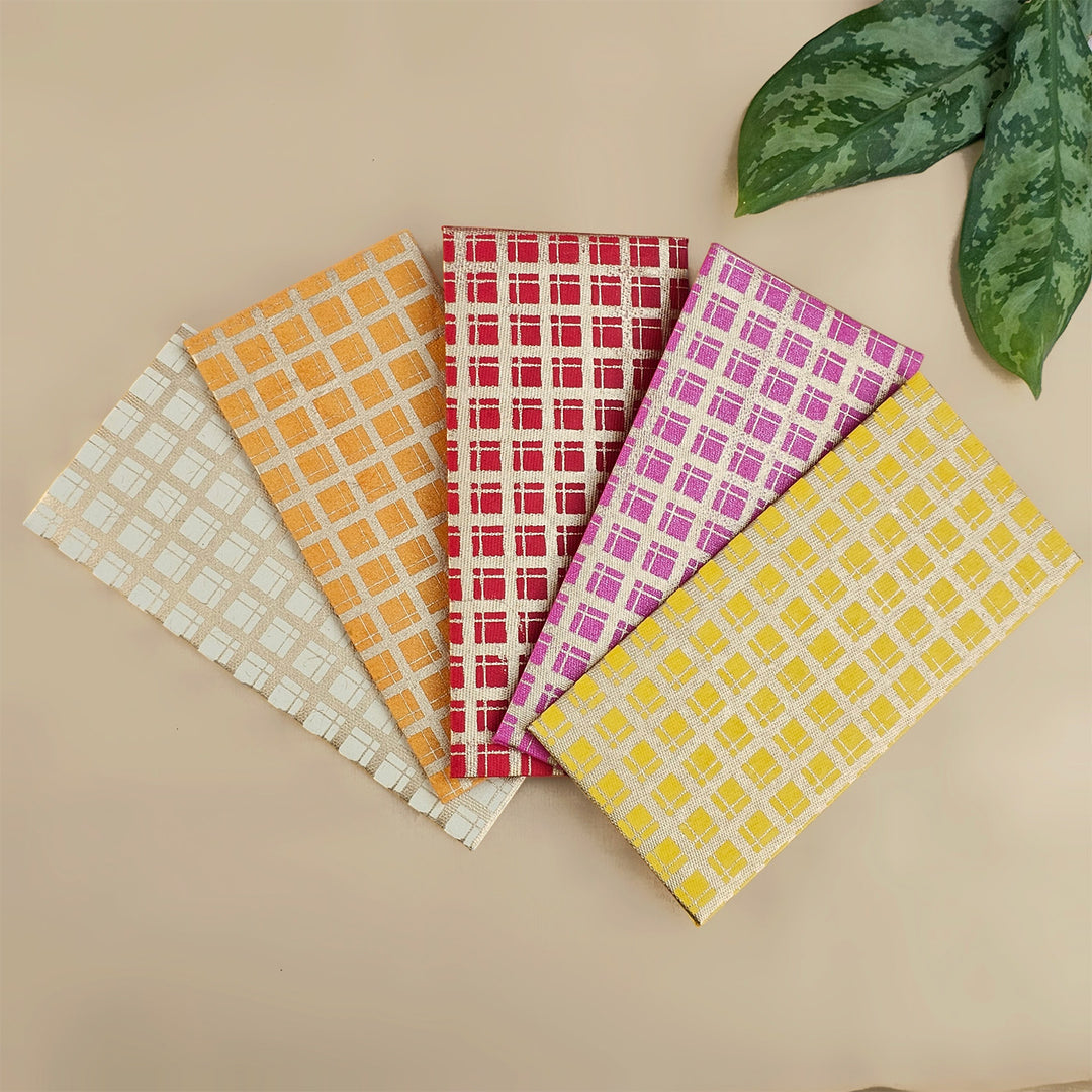 Set Of 5 "Checks" Screen Printed Handmade Paper Gift Envelopes With Flap Closure For Festive Gifting