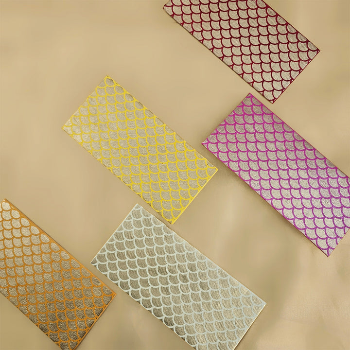 Set Of 5 "Fish Scale" Screen Printed Handmade Paper Gift Envelopes With Flap Closure For Festive Gifting