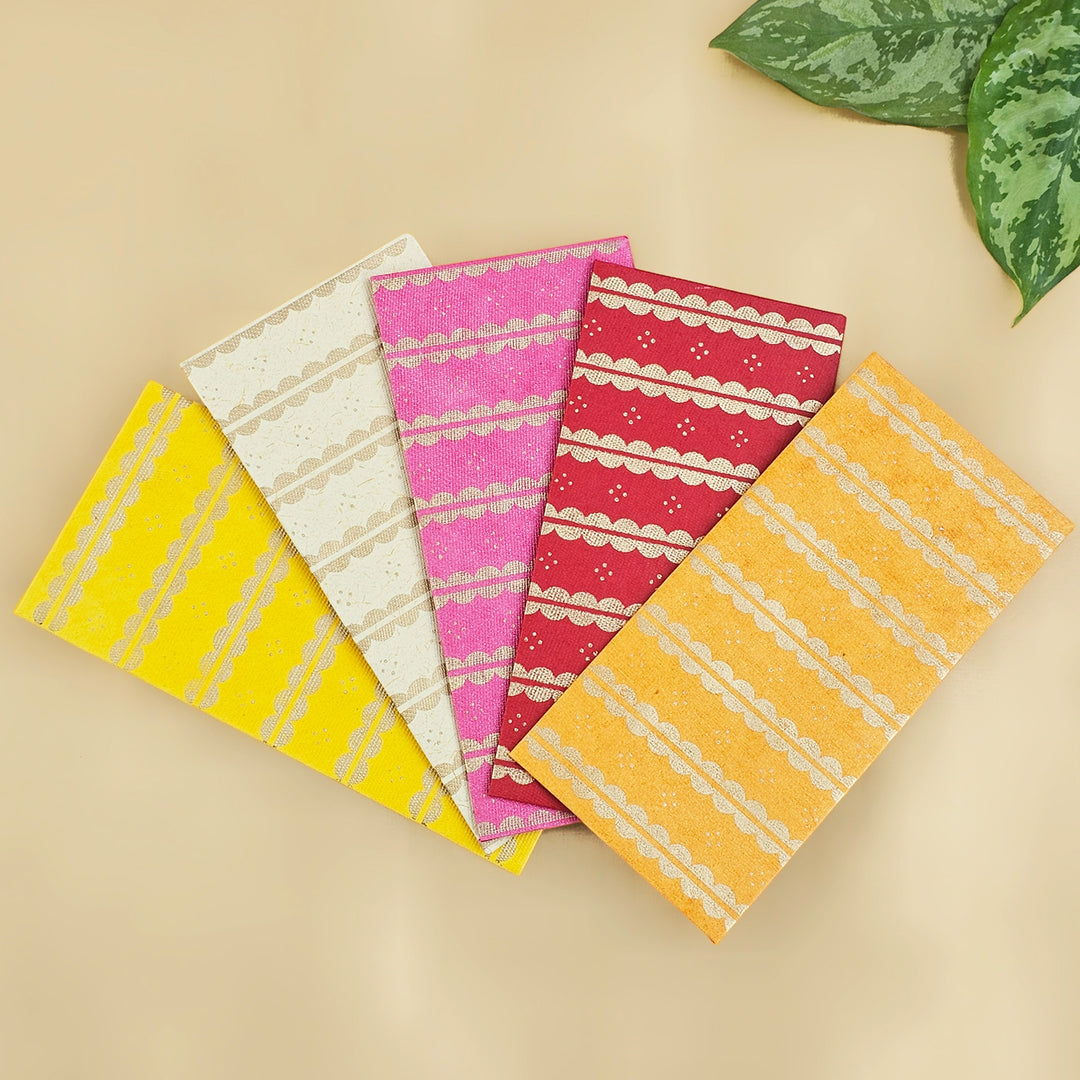 Set Of 5 "Lace" Screen Printed Handmade Paper Gift Envelopes With Flap Closure For Festive Gifting