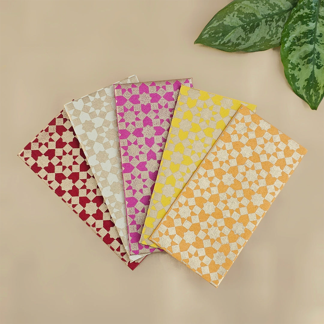 Set Of 5 "Sitara" Screen Printed Handmade Paper Gift Envelopes With Flap Closure For Festive Gifting