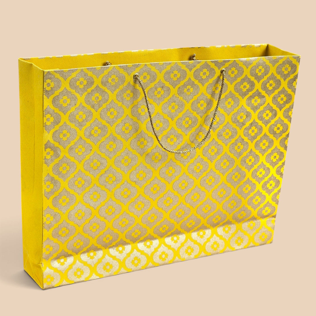 Mughal Boota Handmade Golden Screen Printed Large Paper Bag For Festive Gifting