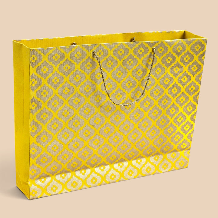 Mughal Boota Handmade Golden Screen Printed Large Paper Bag For Festive Gifting