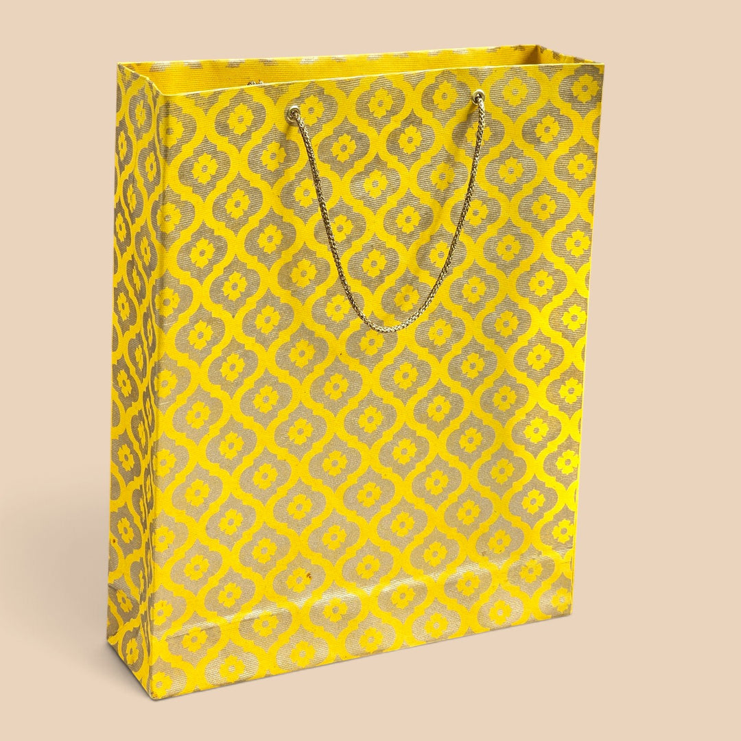 Mughal Boota Handmade Golden Screen Printed Medium Paper Bag For Festive Gifting