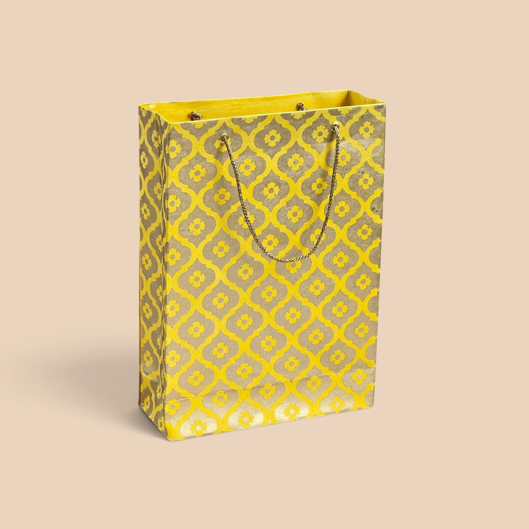 Mughal Boota Handmade Golden Screen Printed Small Paper Bag For Festive Gifting