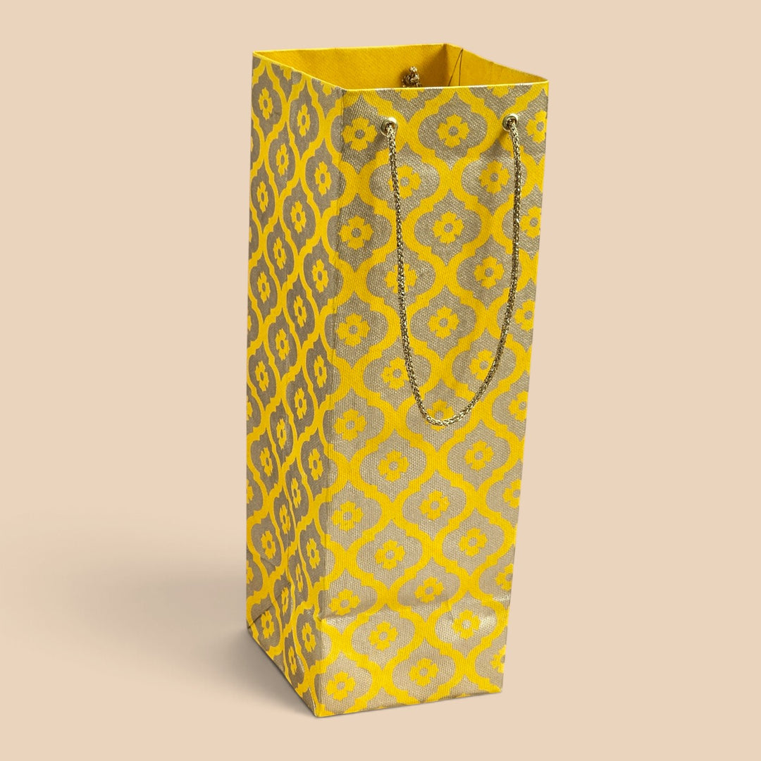 Mughal Boota Handmade Golden Screen Printed Bottle Paper Bag For Festive Gifting