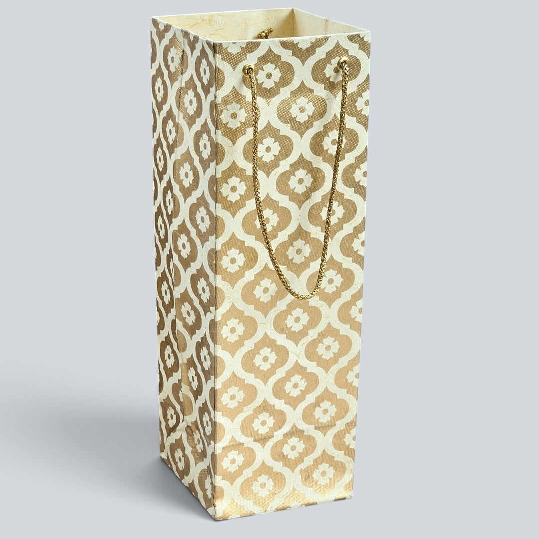 Mughal Boota Handmade Golden Screen Printed Bottle Paper Bag For Festive Gifting