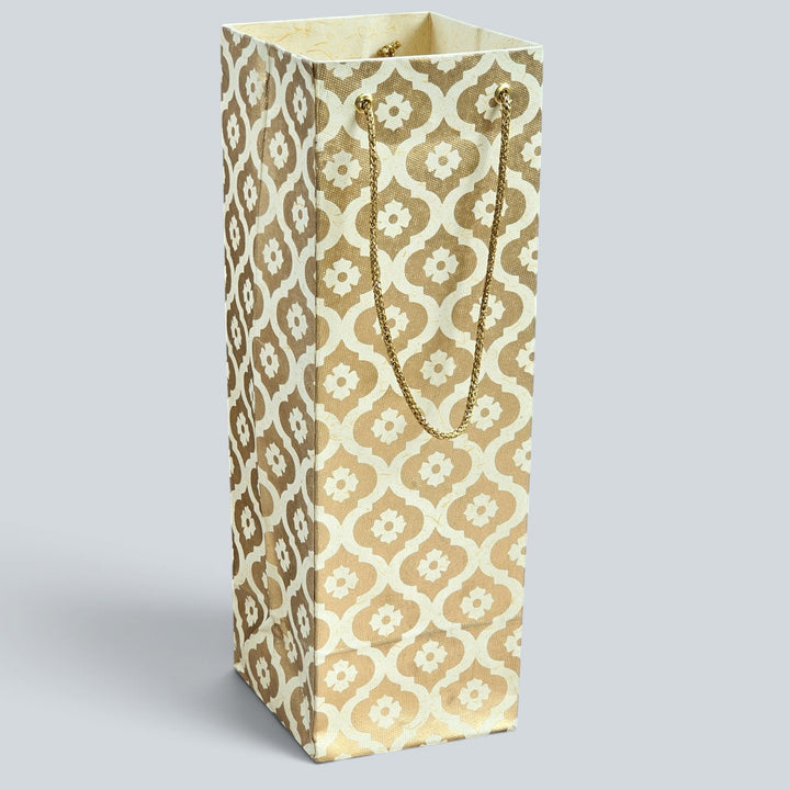 Mughal Boota Handmade Golden Screen Printed Bottle Paper Bag For Festive Gifting