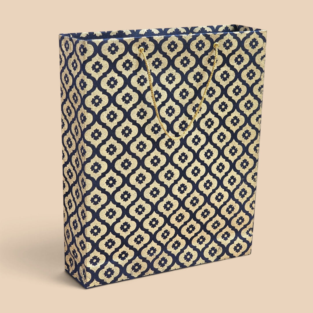 Mughal Boota Handmade Golden Screen Printed Medium Paper Bag For Festive Gifting