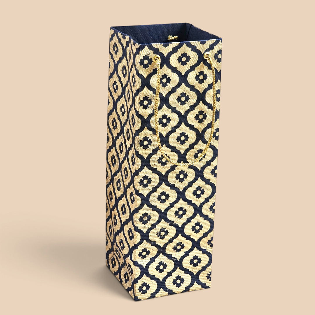 Mughal Boota Handmade Golden Screen Printed Bottle Paper Bag For Festive Gifting