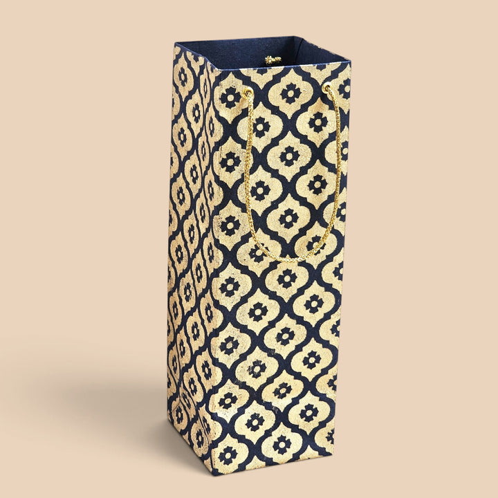 Mughal Boota Handmade Golden Screen Printed Bottle Paper Bag For Festive Gifting