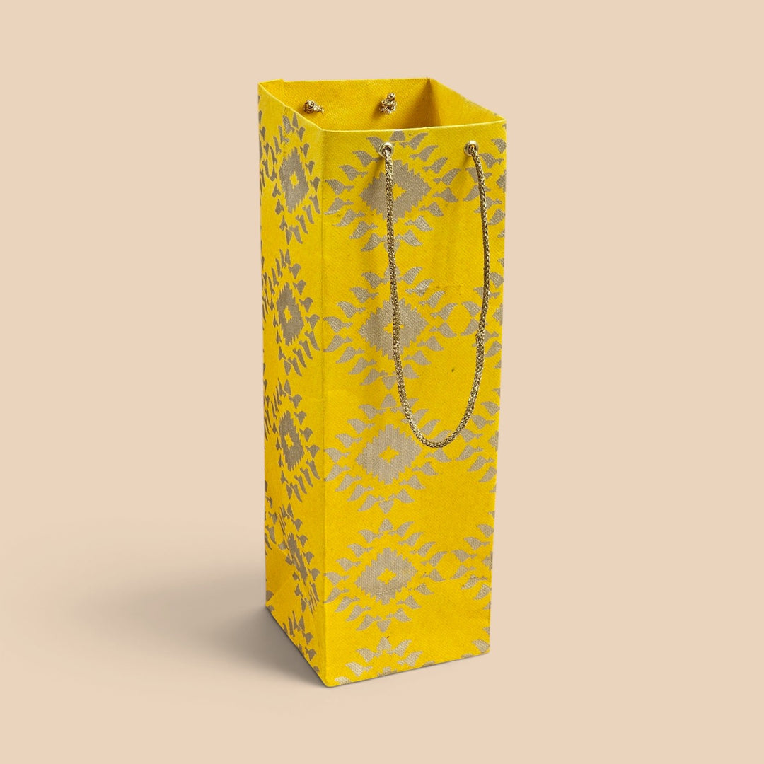 "Box Jamdani" Handmade Golden Screen Printed Bottle Paper Bag For Festive Gifting
