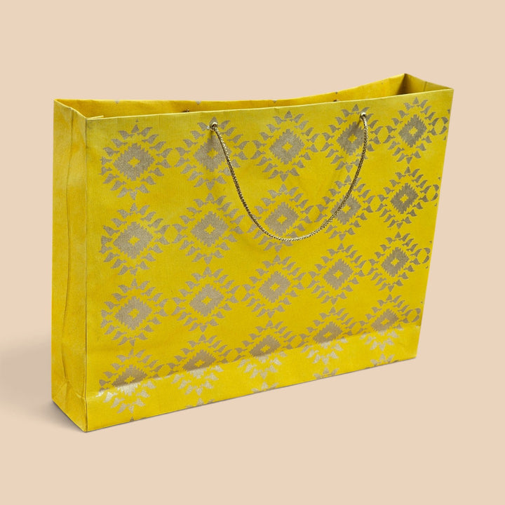 "Box Jamdani" Handmade Golden Screen Printed Large Paper Bag For Festive Gifting