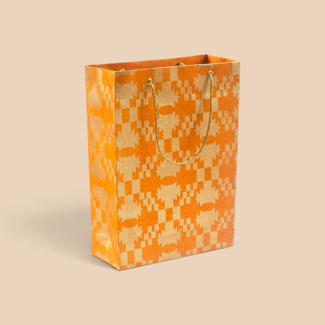 Maze Puzzle Jamdani Handmade Golden Screen Printed Small Paper Bag For Festive Gifting