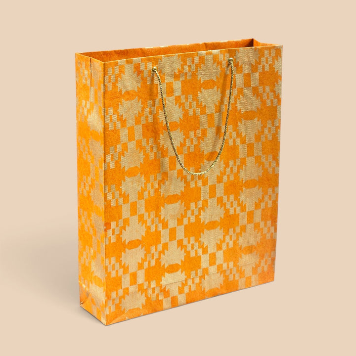 "Maze Puzzle" Jamdani Handmade Golden Screen Printed Medium Paper Bag For Festive Gifting