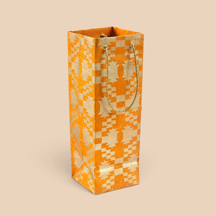 "Maze Puzzle" Jamdani Handmade Golden Screen Printed Bottle Paper Bag For Festive Gifting