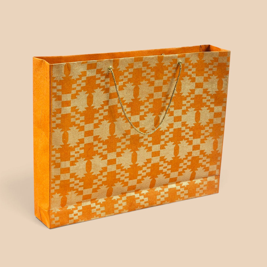 "Maze Puzzle Jamdani" Handmade Golden Screen Printed Large Paper Bag For Festive Gifting