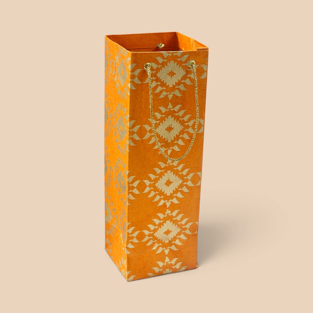 "Box Jamdani" Handmade Golden Screen Printed Bottle Paper Bag For Festive Gifting