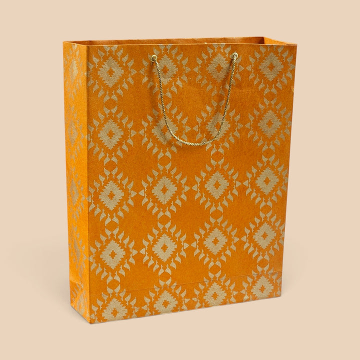 "Box Jamdani" Handmade Golden Screen Printed Medium Paper Bag For Festive Gifting