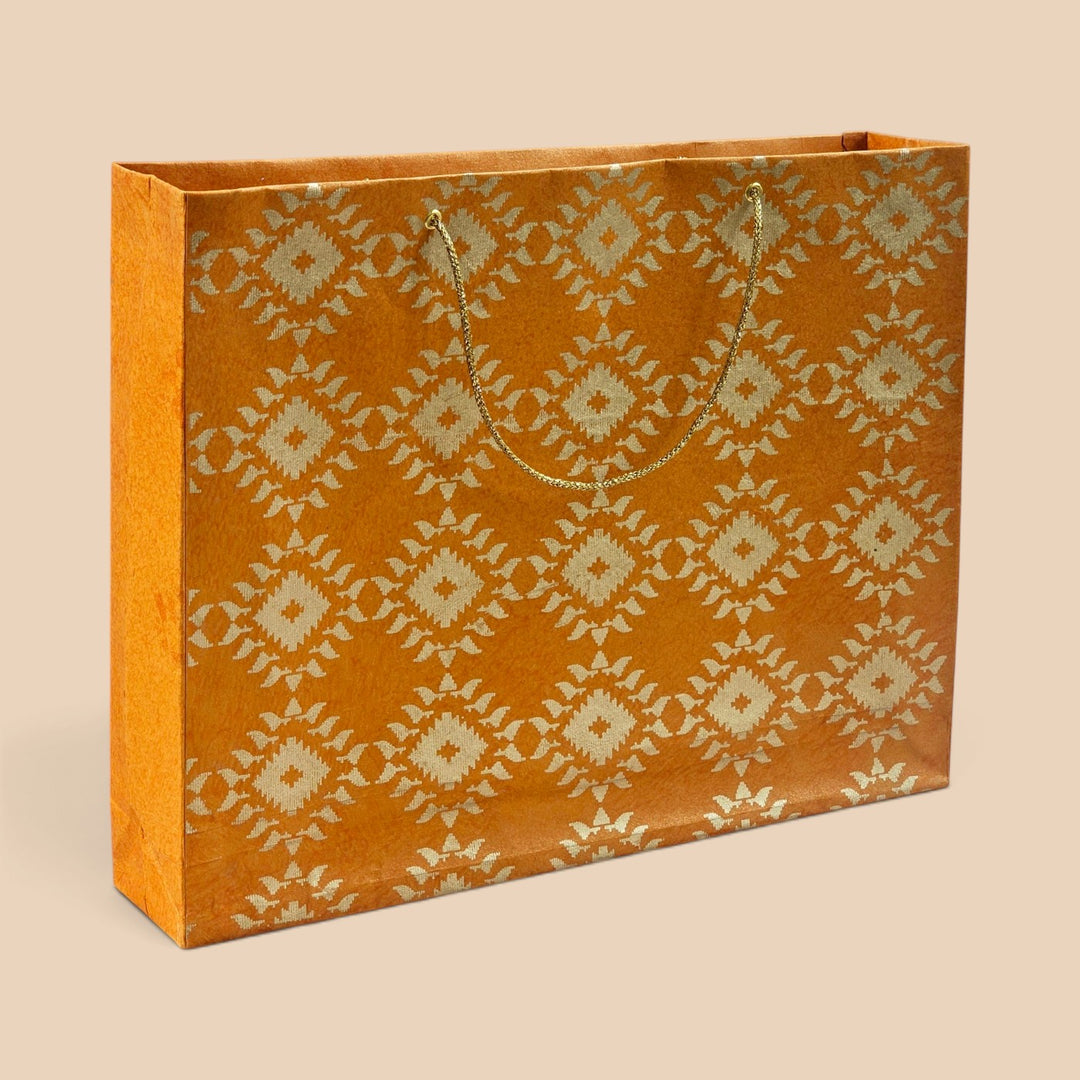 "Box Jamdani" Handmade Golden Screen Printed Large Paper Bag For Festive Gifting