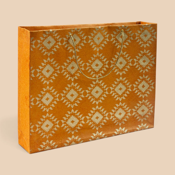 "Box Jamdani" Handmade Golden Screen Printed Large Paper Bag For Festive Gifting