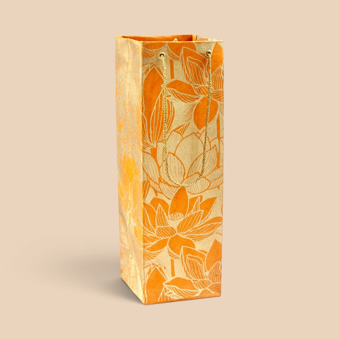 "Lotus" Handmade Golden Screen Printed Bottle Paper Bag For Festive Gifting