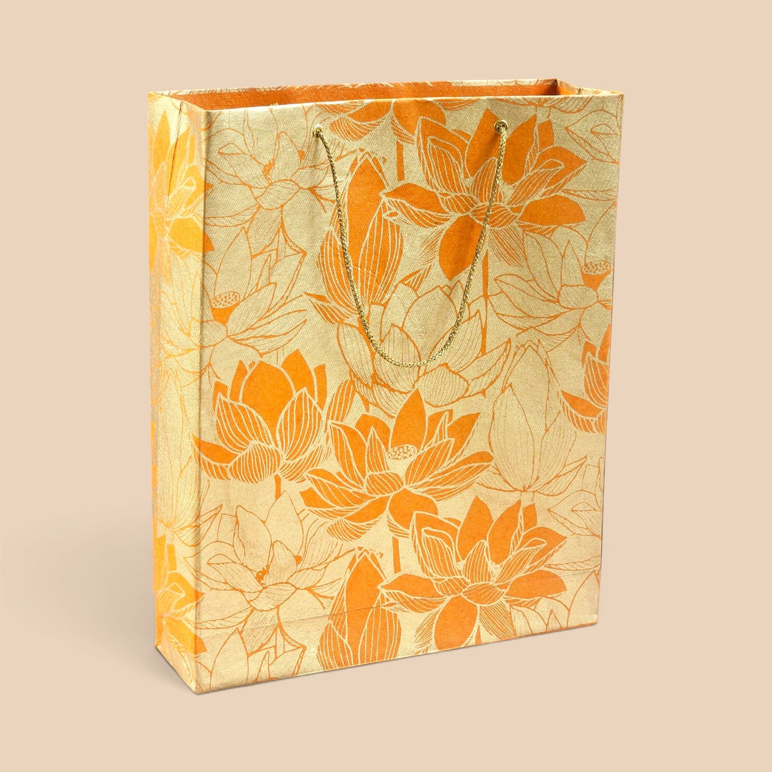 "Lotus" Handmade Golden Screen Printed Medium Paper Bag For Festive Gifting