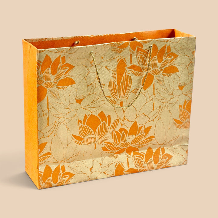 "Lotus" Handmade Golden Screen Printed Large Paper Bag For Festive Gifting