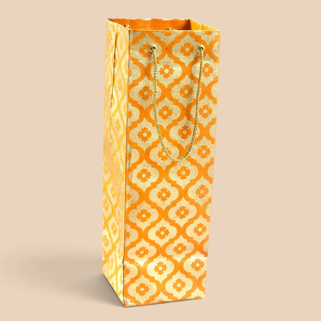 Mughal Boota Handmade Golden Screen Printed Bottle Paper Bag For Festive Gifting