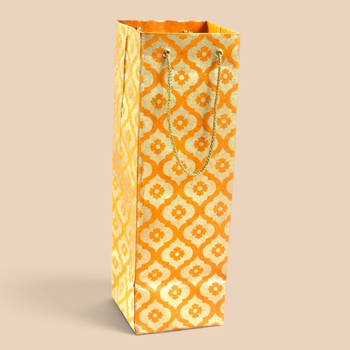 Mughal Boota Handmade Golden Screen Printed Bottle Paper Bag For Festive Gifting