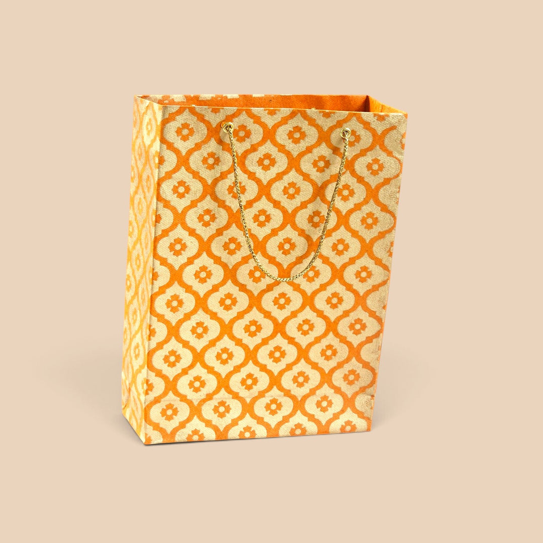 Mughal Boota Handmade Golden Screen Printed Small Paper Bag For Festive Gifting