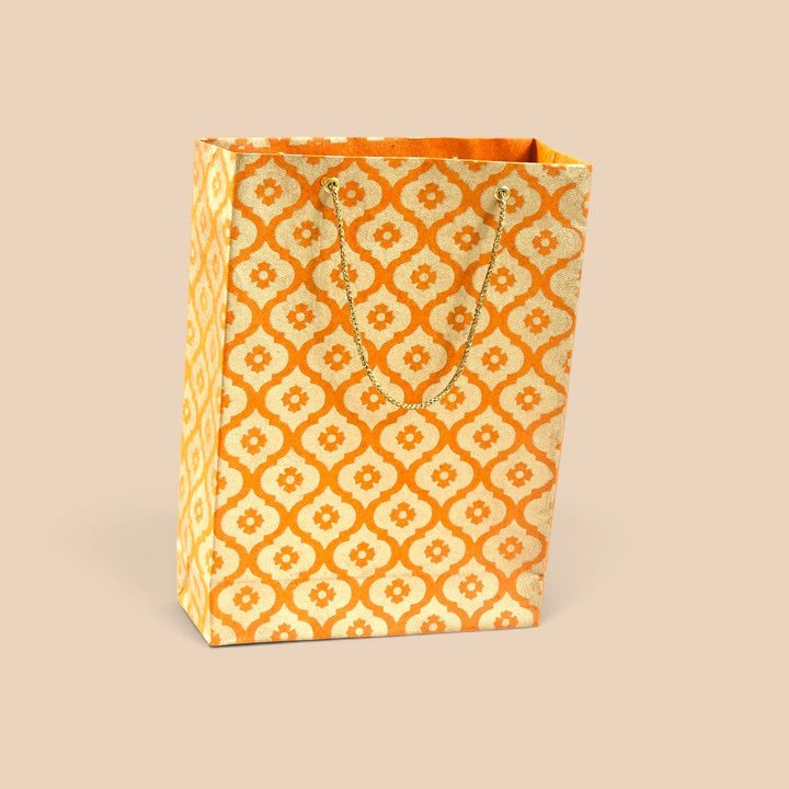 Mughal Boota Handmade Golden Screen Printed Small Paper Bag For Festive Gifting
