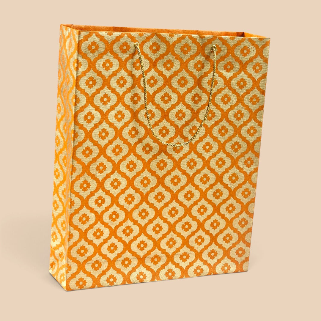 Mughal Boota Handmade Golden Screen Printed Medium Paper Bag For Festive Gifting