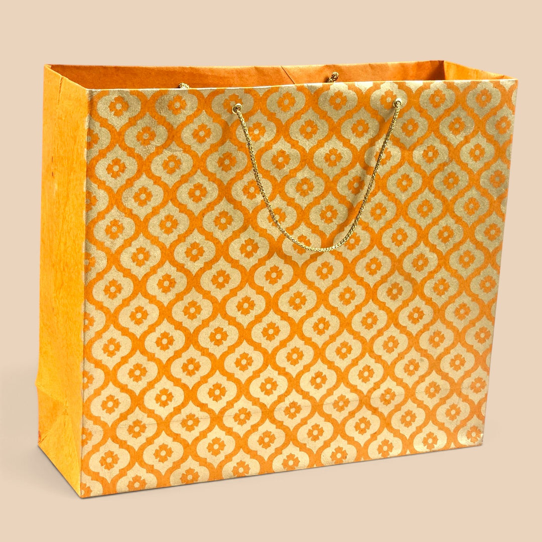 Mughal Boota Handmade Golden Screen Printed Large Paper Bag For Festive Gifting