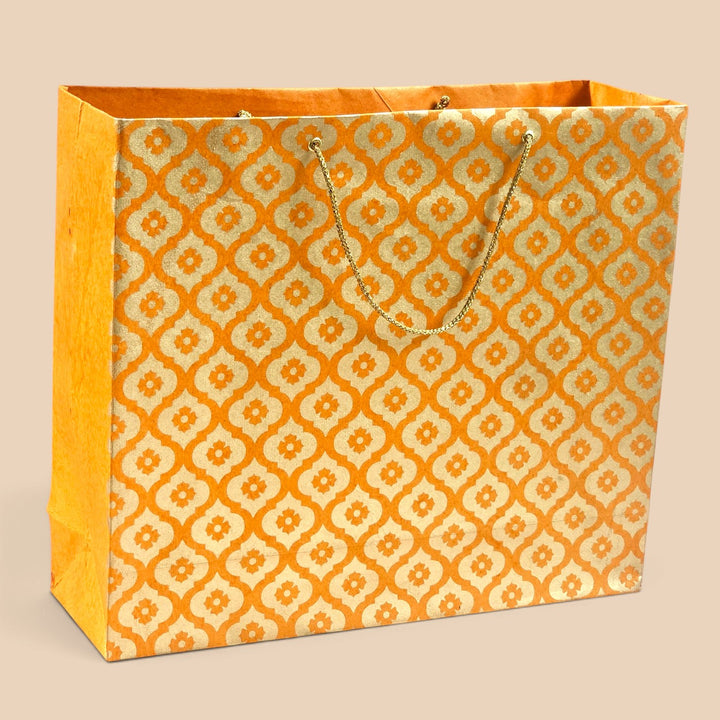 Mughal Boota Handmade Golden Screen Printed Large Paper Bag For Festive Gifting