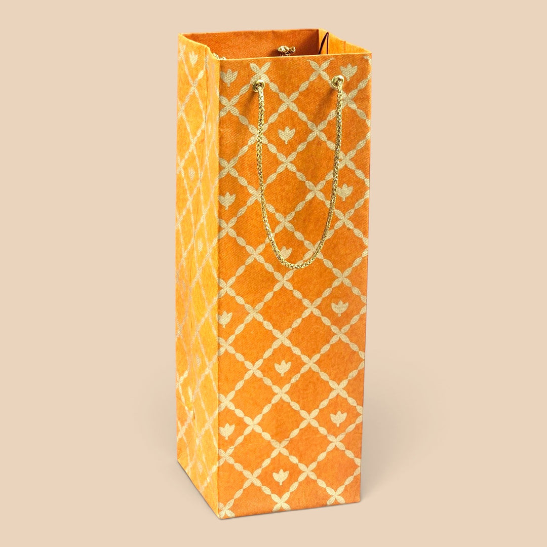 "Box Flower Maze" Handmade Golden Screen Printed Bottle Paper Bag For Festive Gifting