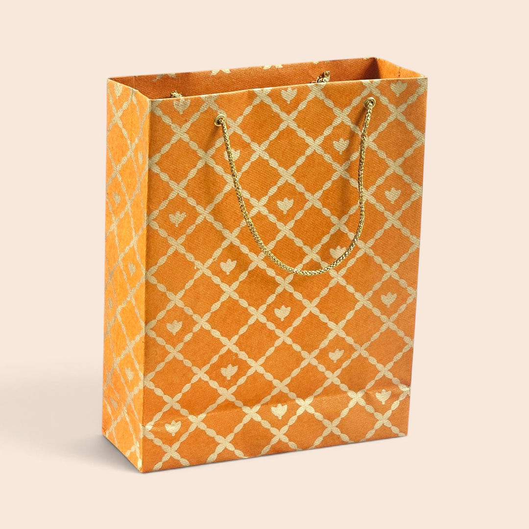 "Box Flower Maze" Handmade Golden Screen Printed Small Paper Bag For Festive Gifting