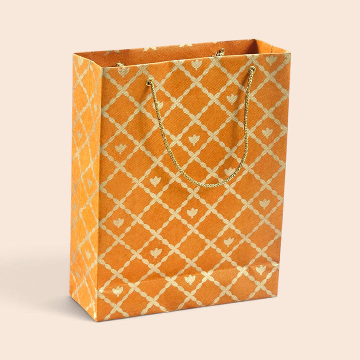 "Box Flower Maze" Handmade Golden Screen Printed Small Paper Bag For Festive Gifting