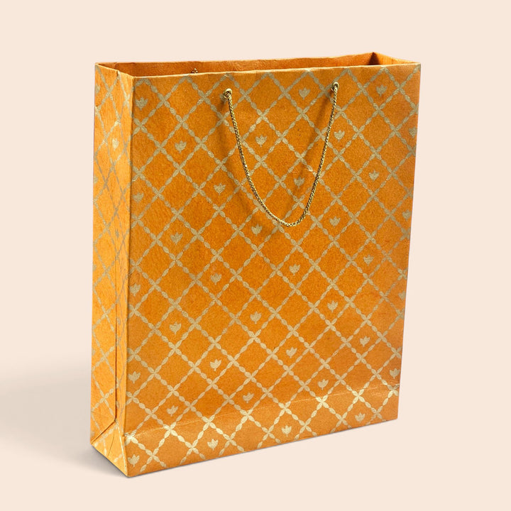 "Box Flower Maze" Handmade Golden Screen Printed Medium Paper Bag For Festive Gifting
