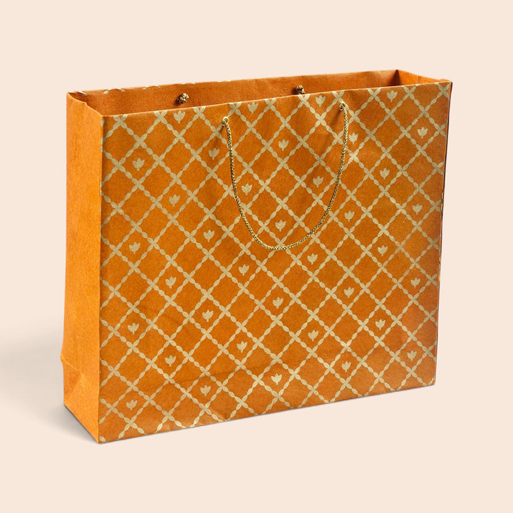 "Box Flower Maze" Handmade Golden Screen Printed Large Paper Bag For Festive Gifting