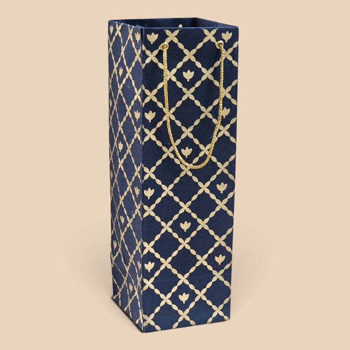 "Box Flower Maze" Handmade Golden Screen Printed Bottle Paper Bag For Festive Gifting